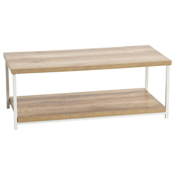 Rectangular Coffee Table, Storage Shelf Coastal Oak Rustic, White Metal