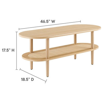 Modway Torus Oval Wood Coffee Table with Lower Rattan Shelf in Oak