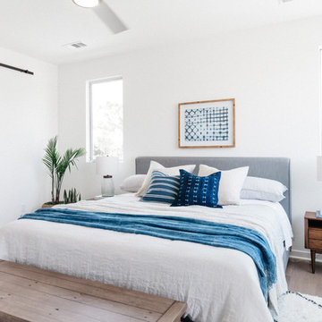 Blue Coastal Modern Bedroom with Shibori Tie-Dye Textiles
