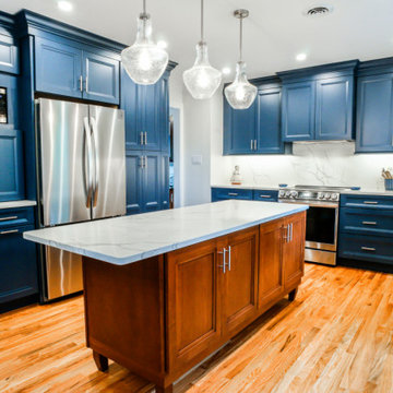 Blue Kitchen, Wood Island, Hardwood Floors