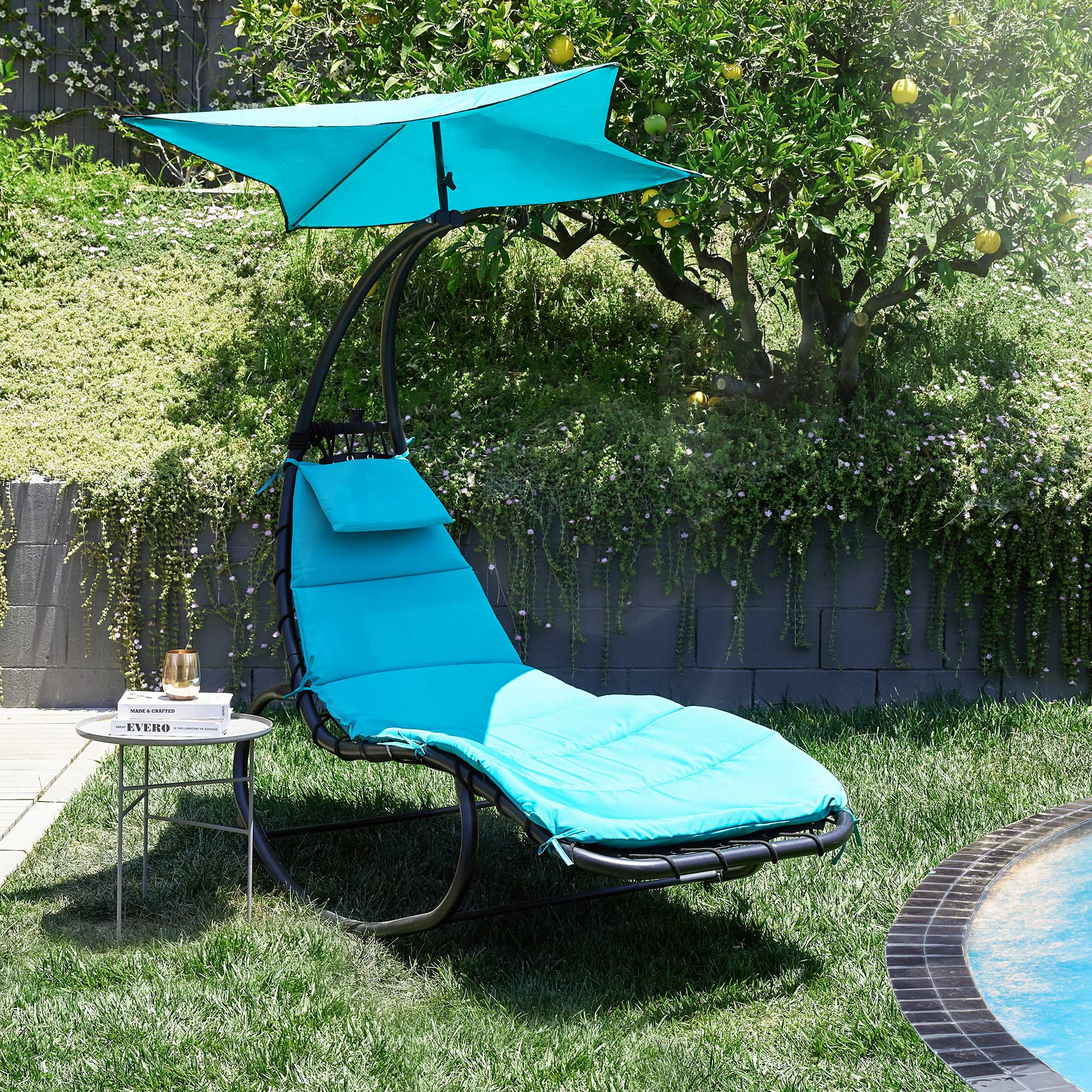 Outdoor Chaise Lounge Chair Swing Curved Cushion Seat Hammock W/ Canopy, Blue
