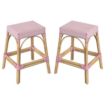 Home Square Rattan Counter Stool in White and Pink - Set of 2