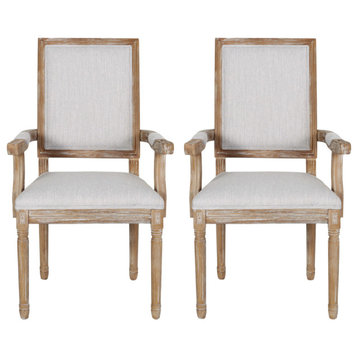 Zentner French Country Wood Upholstered Dining Chair, Light Grey + Natural, Set of 2