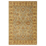 Bareens Designer Rugs - Bohemien Ziegler Jenell Blue Gold Hand-Knotted Wool Rug - 4'0'' x 6'5'' - Enhance the ambiance of your home with this magnificent Persian-influenced Turkish hand-knotted rug made by skilled artisans capable of creating the most exceptional vegetable dyes and hand-spun wool. This exquisite handmade rug is a one-of-a-kind Peshawar Kafkaz, otherwise identified as Chobi, Chobi Peshawar, Oushak, or Ziegler rug. These handmade rugs are crafted in Pakistan utilizing superior-quality wool imported from Australia, New Zealand, and Korea in two types of weaves: the Persian weave and the Mori weave. This rug is meticulously crafted by hand using the finest natural vegetable dyes extracted from local plants. The artisans use a blend of hand-spun local and fine merino wool, resulting in a rug with a compelling texture, higher lanolin content, and longer staple. The artisans occasionally incorporate natural or artificial silk into the pile to enhance specific motifs. The finished product is an awe-inspiring execution of flawless design and an understated palette that exudes elegance.