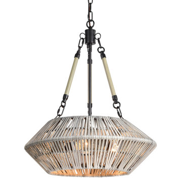 3-Light Black Steel and Antique Silver Bamboo Drum Chandelier