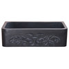 36" Farmhouse Kitchen Sink With Floral Carving Front, Black Lava