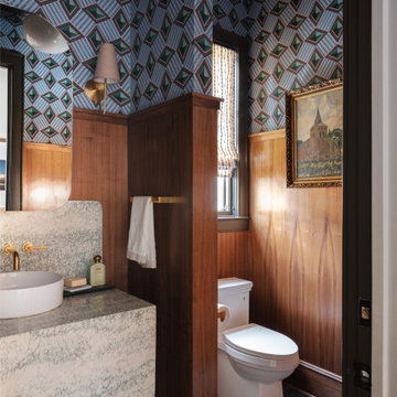 Powder Room Vanity | Los Angeles Powder Room - Walnut Panel - Marble- Wallpaper