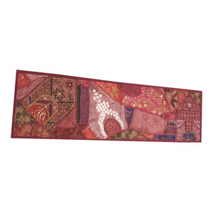 Mogul Interior - Consigned Antique Fabric, Sari Maroon Patchwork Sequin Embroidered Tapestry - Table Runners