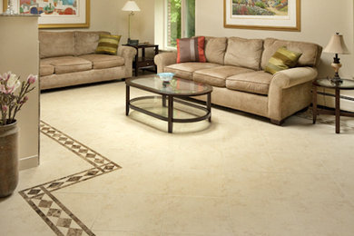 Ceramic tile living room photo in Boston with beige walls