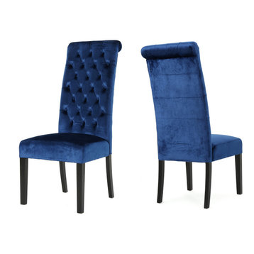 GDF Studio Leona Tall Back Tufted New Velvet Dining Chairs, Set of 2, Navy Blue