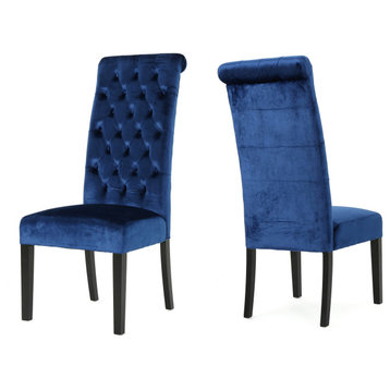 GDF Studio Leona Tall Back Tufted New Velvet Dining Chairs, Set of 2, Navy Blue