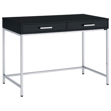Modern Desk, Metal Frame and 2 Drawers With Bar Pulls, High Gloss Black/Chrome