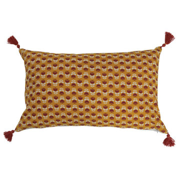 Cotton Slub Lumbar Pillow With Floral Pattern and Tassels