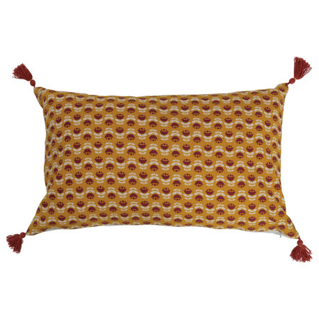 Cotton Slub Lumbar Pillow With Floral Pattern and Tassels