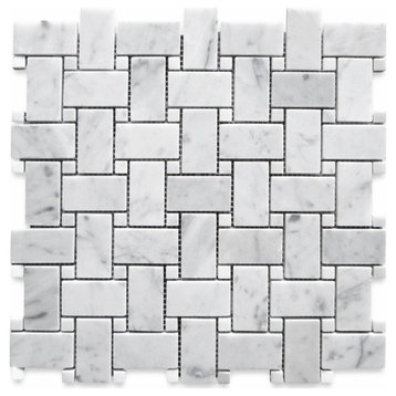 Carrara Venato Marble Basketweave Mosaic Tile White Dots Honed 1x2, 1 sheet