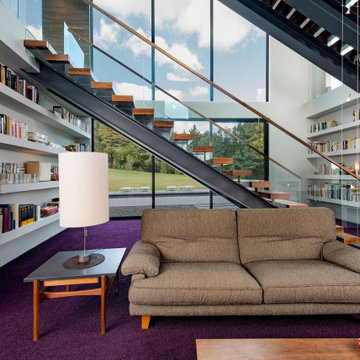 Walker Road Great Falls, Virginia modern home open atrium with living room libra