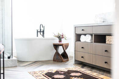Example of a large trendy master single-sink bathroom design in San Diego with flat-panel cabinets, white walls, a hinged shower door, a two-piece toilet, a trough sink and a built-in vanity