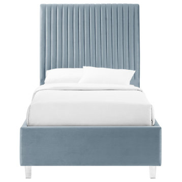 Inspired Home Shemar Bed, Velvet Upholstered Deep Channel Tufted, Slate Blue, Twin Xl