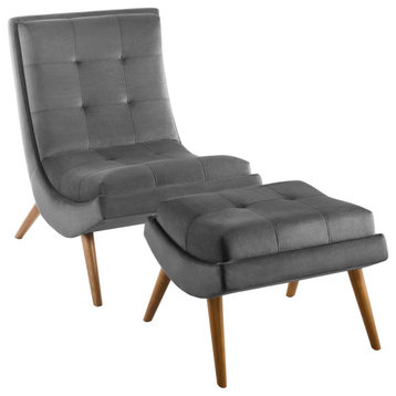 Ramp Upholstered Performance Velvet Lounge Chair and Ottoman Set, Gray
