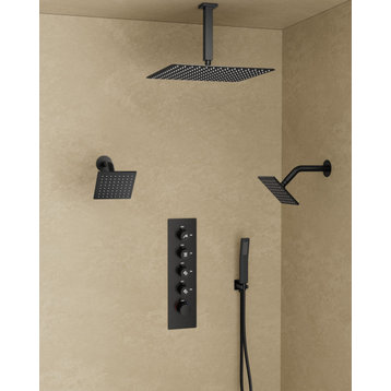 Thermostatic Ceiling Mount Rainfall Triple Shower Head Shower System With Valve, Matte Black, 16" & 6" & 6"