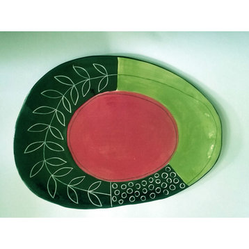 Hand Built Hand Painted Ceramic Platter, Tomato Red Center