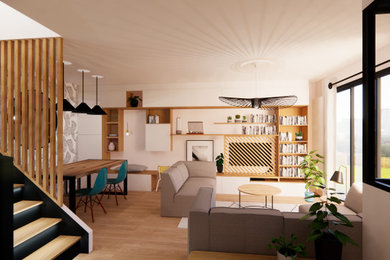 Foto de biblioteca en casa abierta contemporánea grande sin chimenea con paredes blancas, suelo de madera clara, televisor retractable y suelo beige