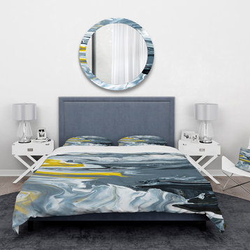 Yellow Gray and White Marble Mid-Century Bedding, Queen