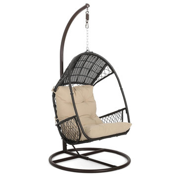 Transitional Hanging Basket Chair, Metal Frame With Wrapped Wicker, Brown