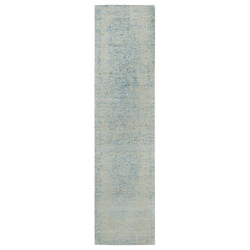 Gray Wool and Silk Modern Jacquard Hand Loomed Oriental Runner Rug, 2'6"x10'