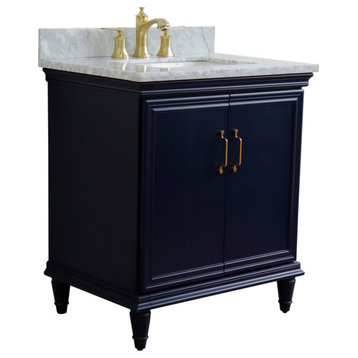 31" Single Vanity, Blue Finish With White Carrara And Rectangle Sink