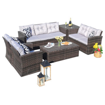 6-Piece Patio Wicker Sofa Conversation Set With Cushion, Brown