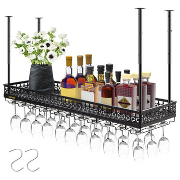 Ceiling Wine Glass Rack Hanging Wine Holder Cabinet, Black, 47.2x13 Inch