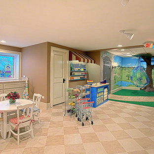 Large bohemian look-out basement in Chicago with multi-coloured walls and no fireplace.