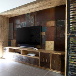 Tunni Reused Scaffolding Media Unit with Vintage Cabinet & Sheet Steel Patchwork - Media Cabinets