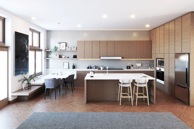 Mid-sized minimalist l-shaped medium tone wood floor and brown floor eat-in kitchen photo in Dallas with an undermount sink, recessed-panel cabinets, medium tone wood cabinets, white backsplash, ceramic backsplash, stainless steel appliances, an island and white countertops