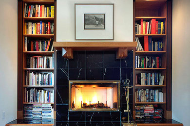 Example of a mid-sized transitional enclosed carpeted and beige floor living room design in Other with beige walls, a standard fireplace and a tile fireplace