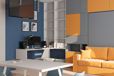 Свежая идея для дизайна: кабинет в современном стиле с полом из ламината, бежевым полом и обоями на стенах - отличное фото интерьера