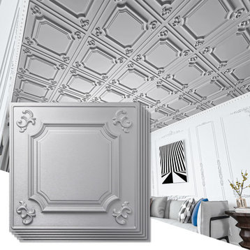 Drop Ceiling Tiles 24x24inch (12-Pack, 48 Sq.ft), Wainscoting Panels Glue Up 2x2, Argent Silver