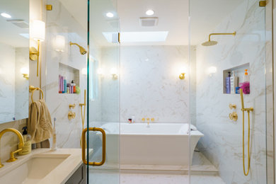 Example of a large transitional master white tile and marble tile marble floor, white floor and double-sink bathroom design in Los Angeles with shaker cabinets, gray cabinets, a bidet, white walls, a drop-in sink, marble countertops, a hinged shower door, white countertops and a freestanding vanity