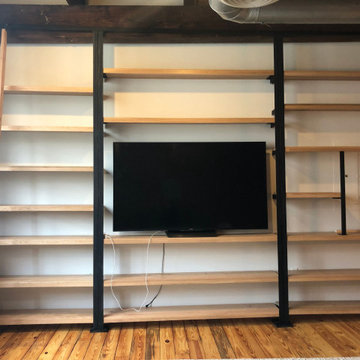 Red Oak & Steel Bookshelf & Library Ladder w/ Clear Finish