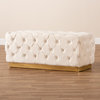 Corrine Glam and Luxe Beige Velvet Upholstered and Gold PU Leather Ottoman