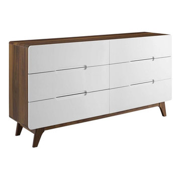 Modway Origin 6 Drawer Double Dresser in Walnut and White
