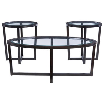 3 Pieces Coffee Table Set, Metal Frame With Crossed Base With Tempered Glass Top