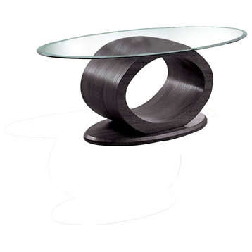 Benzara BM208006 Tempered Glass Top Sofa Table with O Shape Wooden Base, Gray