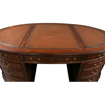 Partners Desk Flame Mahogany Wood  Hand-Tooled Leather  Oval Desk