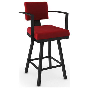 Amisco Akers Swivel Counter and Bar Stool, Red Polyester / Black Metal, Counter Height