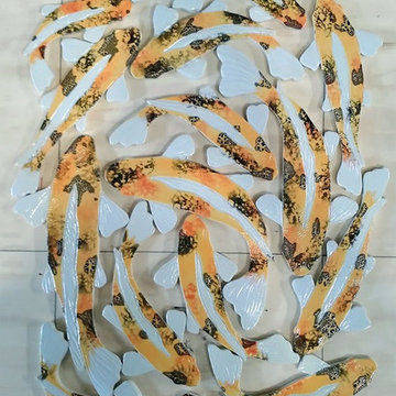 Orange, black and white, sliced pebble shower floor koi fish tiles