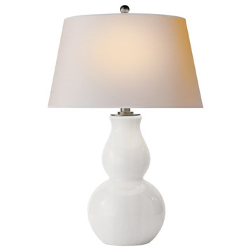 Open Bottom Gourd Table Lamp in White Glass with Natural Paper Shade