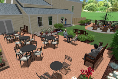 Inspiration for a large backyard brick patio remodel in New York with a fire pit