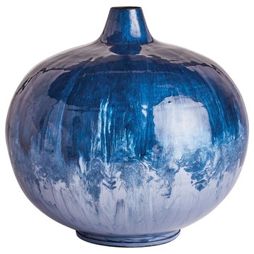 Enameled Modern Blue Iron Sphere Vase Ombre Round 12 in Contemporary Coastal